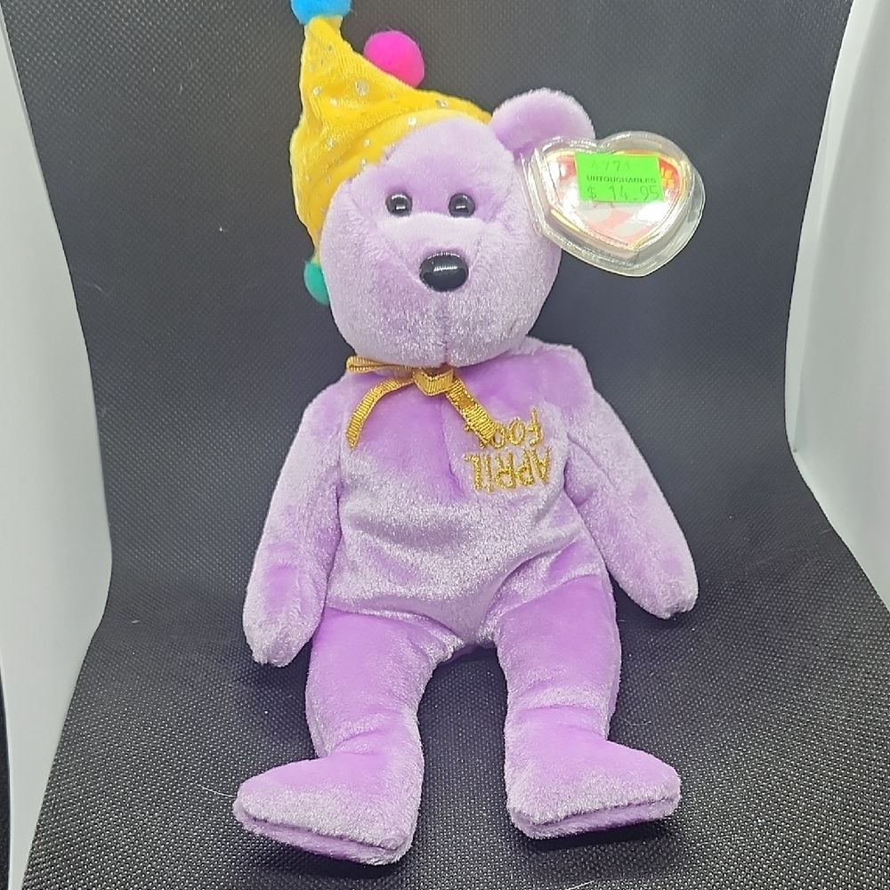 Ty Purple Stuffed Bear with Yellow Hat - April Fool